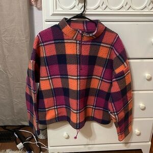 american eagle plaid sherpa half zip top-sweater